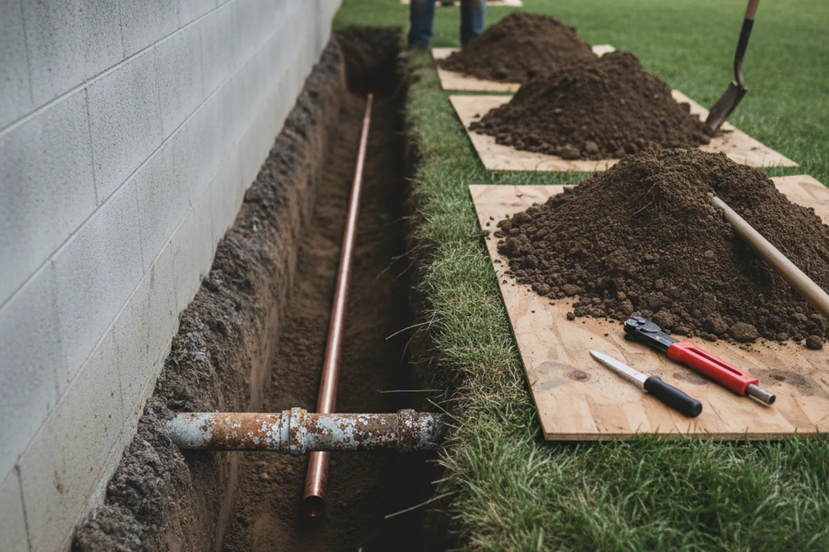 Excavated water line trench during Sewer Line Repair in Menlo Park
